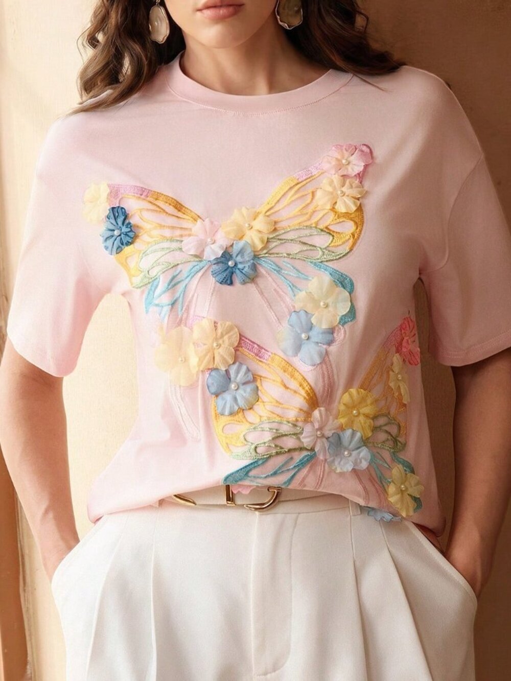 Pink Casual Women's 3D Butterfly Round Neck Short Sleeve T-Shirt